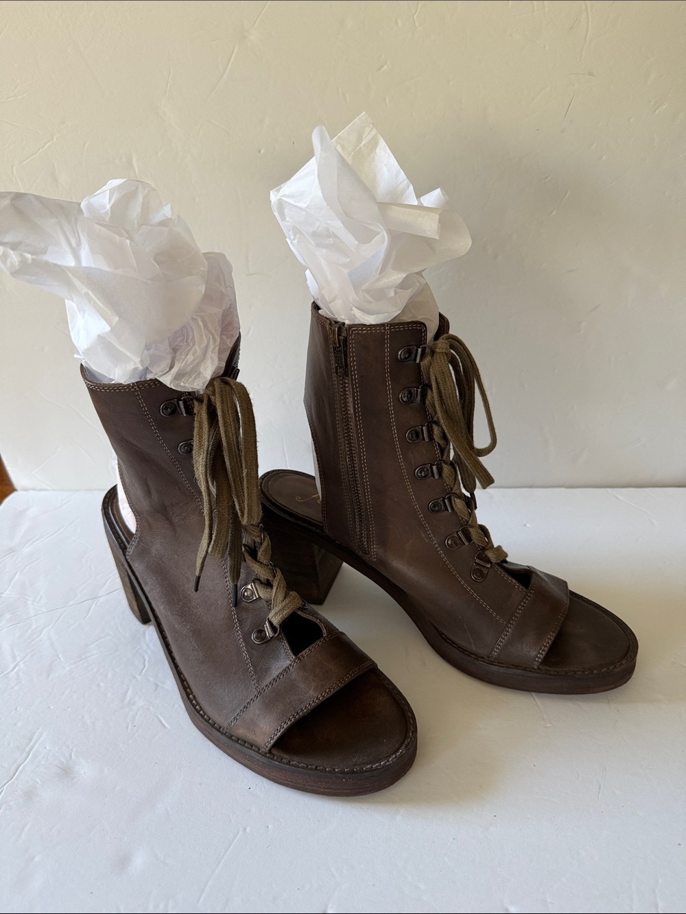 Free People City of Lights Leather Lace Up Open Toe Booties 41 Boho
